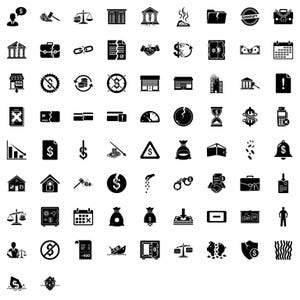 May include: A set of monochrome financial icons, featuring scales, money bags, safes, and broken piggy banks. Other icons depict a sinking ship, a calendar, and a person with a thought bubble containing a pound sign.