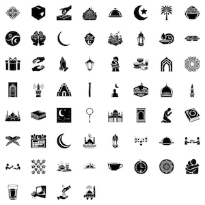 Puede incluir: Una colección de iconos islámicos en blanco y negro, que incluyen mezquitas, medias lunas, linternas y cuentas de oración. Los iconos están dispuestos en un patrón de cuadrícula, adecuados para elementos de diseño o temas religiosos.