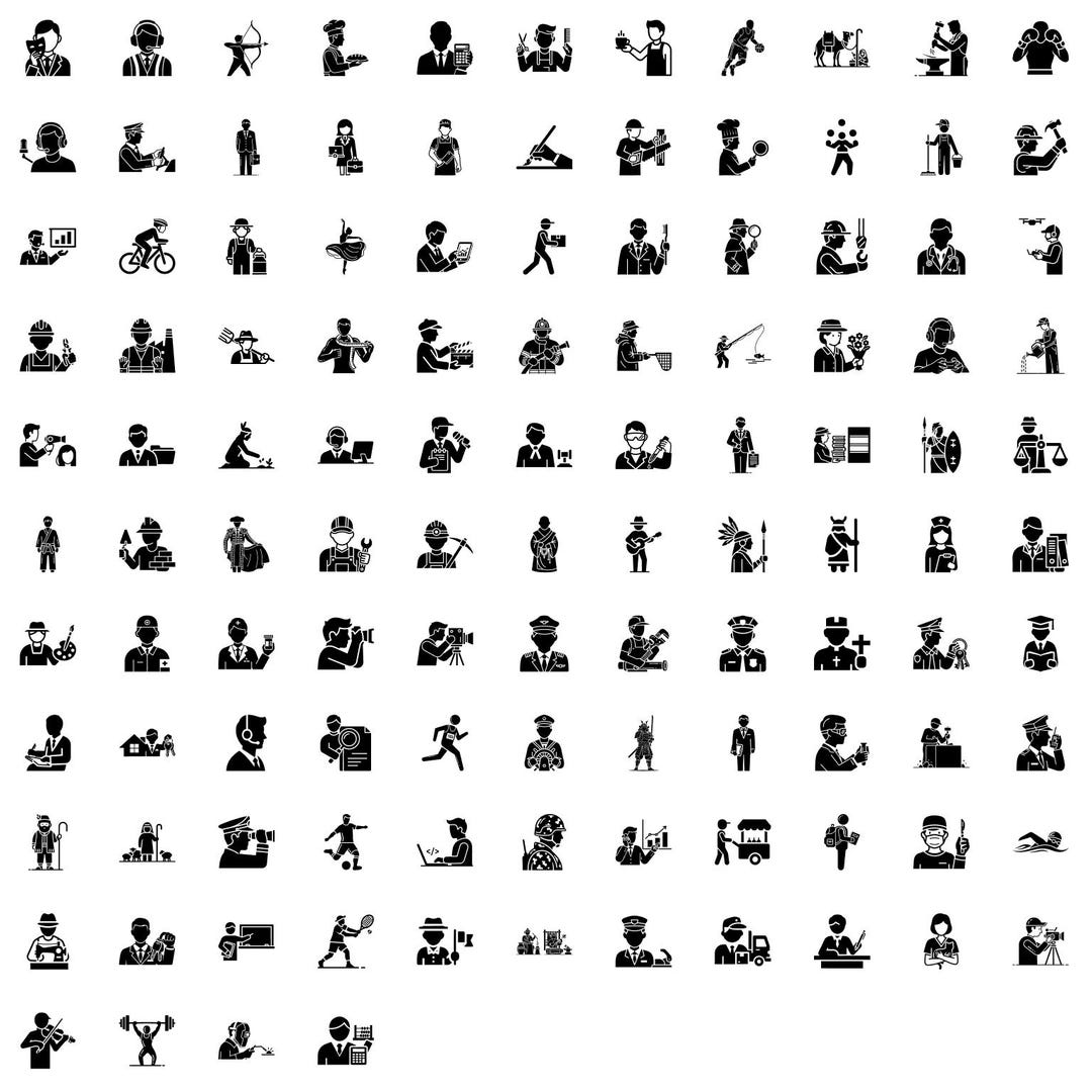 Paquete SVG de iconos de profesión: 112 siluetas negras de profesiones ...