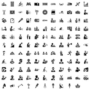 Peut inclure: Ensemble d'icônes noires et blanches représentant divers éléments médiatiques et de communication. Comprend des symboles pour les caméras, les microphones, les satellites et les personnes, ainsi que du texte comme "DELAY" et "EXTRA". Les icônes sont disposées en grille.