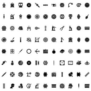 Puede incluir: Una colección de iconos en blanco y negro relacionados con la relojería y la reparación de relojes. Las imágenes muestran relojes, engranajes, herramientas y otros elementos relacionados. Representación gráfica de las herramientas y piezas utilizadas en la horología.