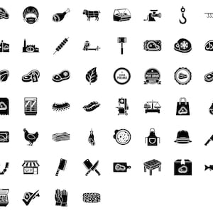 May include: A collection of black and white icons related to the meat industry. The icons include a butcher's shop, various cuts of meat, tools, and processing equipment. The image is suitable for use in a butcher shop or restaurant.
