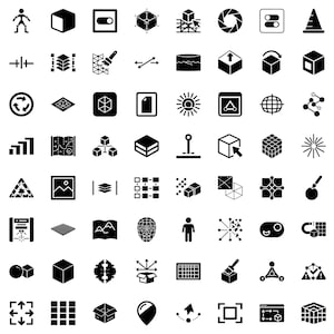 May include: A collection of black and white icons, including cubes, maps, and human figures. The icons are arranged in a grid, suitable for use in web design or graphic projects. The image is a flat design with a clean, minimalist aesthetic.