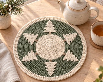 May include: A round, crocheted placemat featuring a central cream-colored circle surrounded by a dark green ring. Six cream-colored pine tree motifs are arranged in a radial pattern, pointing outward from the center toward the cream-colored border.