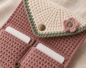 May include: A dusty rose crochet wallet featuring two interior card slots with white cards inserted. The triangular flap is cream-colored with a sage green border, a bronze metal snap closure, and a small pink crocheted flower embellishment.