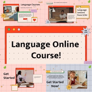 Puede incluir: Un gráfico colorido que promociona cursos de idiomas en línea. La imagen presenta el texto "Language Online Course!" e incluye imágenes de personas usando computadoras. El texto adicional incluye "Language Courses", "Language Lessons from 7$/Hr" y "Get Started Now!"