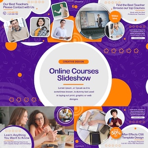 Puede incluir: Gráfico promocional con un esquema de color púrpura y naranja, que promociona cursos en línea. El diseño incluye el texto "Online Courses Slideshow" y "Learn Anything You Want to Know". También presenta imágenes de profesores y estudiantes.