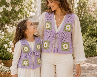 May include: Two matching crochet vests in light purple with green and white daisy granny square motifs. Each vest features a V-neckline, a front tie closure with tassels, and a sleeveless design, crafted from yarn in a textured square pattern.