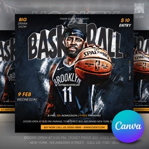 Puede incluir: Cartel de evento de baloncesto con un jugador sosteniendo un balón Spalding. El diseño tiene un fondo oscuro con la palabra "Basketball" en letras blancas grandes. Incluye detalles como la fecha, la hora y el precio de entrada.