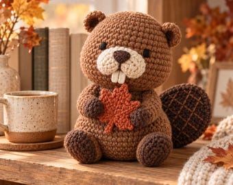 May include: A brown crocheted beaver stuffed animal with a cream-colored muzzle, two white front teeth, and a dark brown nose. The beaver is holding a small, textured orange maple leaf in its front paws and has a flat, dark brown tail.