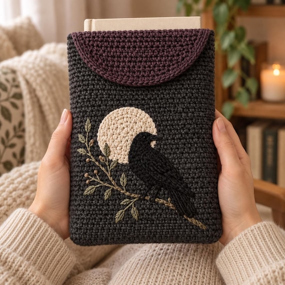 Raven Book Sleeve Crochet Pattern PDF, Gothic Moon Book Pouch, Intermediate Digital Patterns