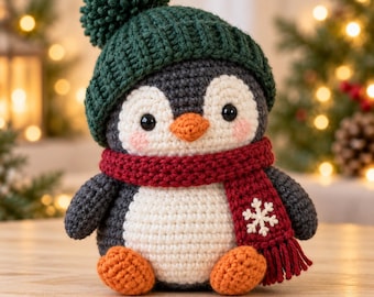 May include: A crocheted penguin plush toy featuring a dark gray body, a white belly, and orange feet and beak. The penguin wears a dark green ribbed beanie with a matching pom-pom on top and a red scarf decorated with a white embroidered snowflake.