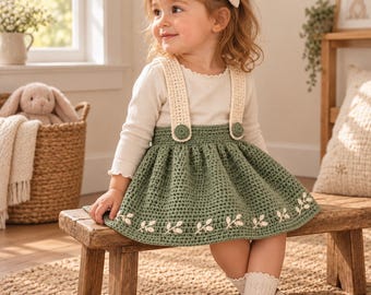 May include: A toddler wears a long-sleeved cream-colored shirt and a sage green crocheted pinafore skirt with cream-colored straps, two green buttons, and a white embroidered leaf pattern along the hem, paired with cream socks and brown shoes.