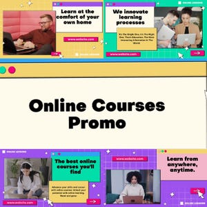 Puede incluir: Gráfico promocional para cursos en línea. La imagen presenta texto como "Aprende desde la comodidad de tu hogar" y "Los mejores cursos en línea que encontrarás". Incluye imágenes de personas usando computadoras portátiles y una dirección web.