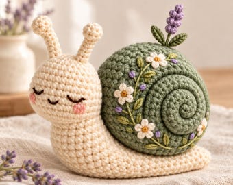 May include: A cream-colored crocheted snail with a soft, rounded body and two antennae. The snail features a large, olive-green spiral shell decorated with embroidered white flowers, green leaves, and a small purple lavender sprig on top.