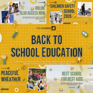 Op de afbeelding: Een gele en witte afbeelding met de tekst "BACK TO SCHOOL EDUCATION" en andere tekst. De afbeelding bevat foto's van studenten en schoolspullen. Het thema is onderwijs en school.