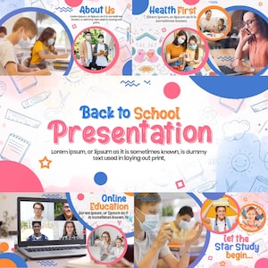Op de afbeelding: Een kleurrijke afbeelding die een 'Back to School Presentatie' promoot, met tekst en illustraties. De afbeelding bevat secties over 'Over ons', 'Gezondheid eerst' en 'Online Onderwijs', met studenten en leraren die maskers dragen. De zin 'Laat de Sterrenstudie beginnen...' is ook zichtbaar.