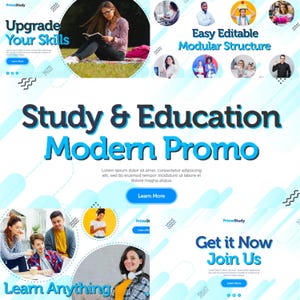 Op de afbeelding: Een promotionele afbeelding met de tekst "Upgrade Your Skills", "Easy Editable Modular Structure" en "Study & Education Modern Promo". Het ontwerp toont afbeeldingen van mensen die studeren en leren, met een blauw en wit kleurenschema.
