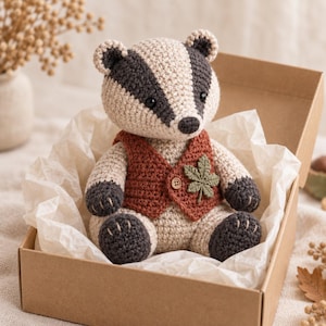May include: A crocheted badger stuffed animal featuring a cream and dark gray striped face, dark gray paws, and a rust-colored vest. The vest is adorned with a single wooden button and a small green crocheted leaf appliqué on the left side.