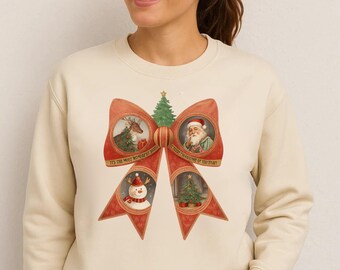 Impresión de decoración navideña vintage con lazos: Papá Noel, muñeco de nieve y reno (PNG y JPG)