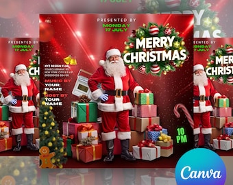Volante personalizable para fiesta de Navidad con Papá Noel y regalos (plantilla de Canva)