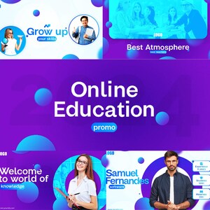 Może przedstawiać: Grafika promocyjna z fioletowo-niebieskim gradientem w tle. Tekst "Online Education" jest wyraźnie wyświetlany, z dodatkowym tekstem i obrazami promującymi naukę online. Inny tekst to "Grow up your skills", "Best Atmosphere" i "Welcome to world of knowledge".