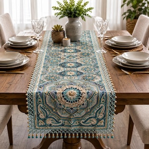 May include: A rectangular table runner featuring an intricate teal, blue, and cream mandala pattern with embroidered details. The runner is finished with a delicate beaded fringe along the edges, showcasing a symmetrical design on a wooden table.