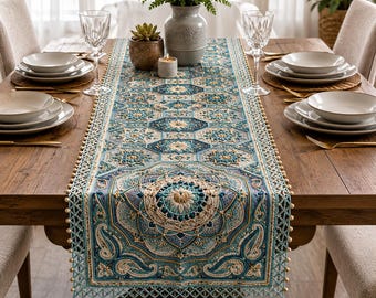 May include: A rectangular table runner featuring an intricate teal, blue, and cream mandala pattern with embroidered details. The runner is finished with a delicate beaded fringe along the edges, showcasing a symmetrical design on a wooden table.