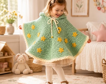 May include: A light green crochet hooded poncho featuring yellow star appliques and a cream-colored drawstring tie at the neck. The garment has a scalloped cream border along the hem and is worn over a light-colored dress and white tights.