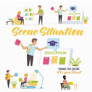 May include: An illustration depicting various scenes related to education. The image includes people interacting with books, a laptop displaying a graduation cap and books, and text that reads "Scene Situation" and "Change the Colors As you Want."