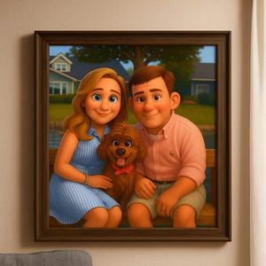 May include: A framed cartoon portrait of a family with a dog. The woman wears a blue striped dress, the man a pink shirt, and the dog a red bow tie. They sit on a bench in front of a lake and houses.