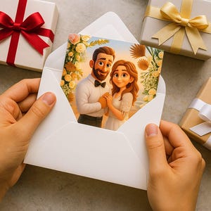 May include: A white envelope holds a card featuring a cartoon couple holding hands, surrounded by floral decorations. The card is surrounded by wrapped gifts with red, gold, and white ribbons. The image is set on a neutral surface.