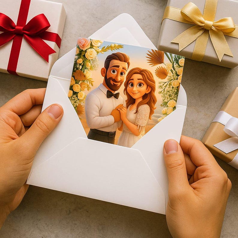 May include: A white envelope holds a card featuring a cartoon couple holding hands, surrounded by floral decorations. The card is surrounded by wrapped gifts with red, gold, and white ribbons. The image is set on a neutral surface.