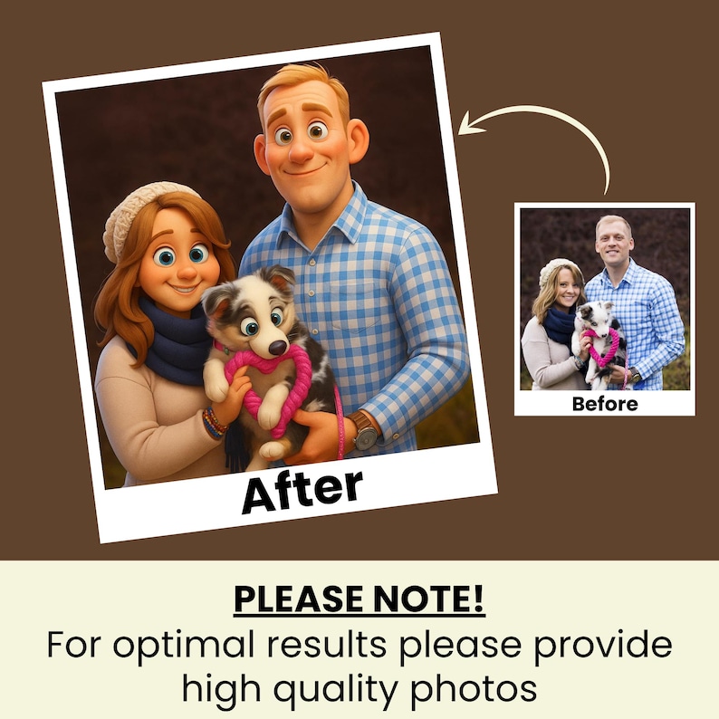 May include: A digital illustration of a couple and a dog, presented as an "After" image, with a smaller "Before" image. The couple and dog are animated with exaggerated features. The dog wears a pink heart-shaped collar. The text "PLEASE NOTE! For optimal results please provide high quality photos" is at the bottom.