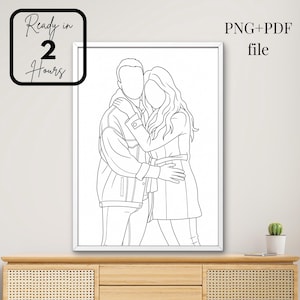 May include: A black and white line art print of a couple embracing. The artwork is in a white frame and includes the text "Ready in 2 Hours" and "PNG+PDF file". The couple is depicted in a minimalist style.