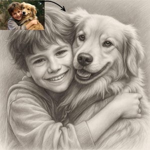 K&ouml;nnte beinhalten: Eine Bleistiftzeichnung eines jungen Menschen, der einen Golden Retriever umarmt. Die Person l&auml;chelt breit, und der Hund scheint gl&uuml;cklich zu sein. Das Bild ist eine Nahaufnahme, die die Bindung zwischen der Person und dem Hund hervorhebt. Die Zeichnung ist in Graustufen gehalten.