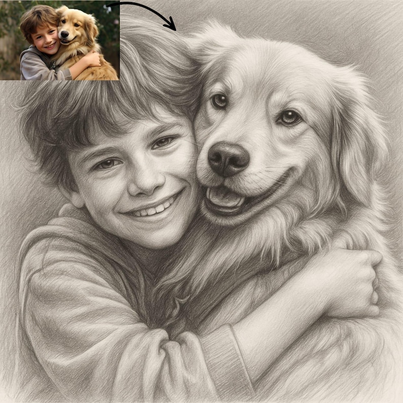 K&ouml;nnte beinhalten: Eine Bleistiftzeichnung eines jungen Menschen, der einen Golden Retriever umarmt. Die Person l&auml;chelt breit, und der Hund scheint gl&uuml;cklich zu sein. Das Bild ist eine Nahaufnahme, die die Bindung zwischen der Person und dem Hund hervorhebt. Die Zeichnung ist in Graustufen gehalten.