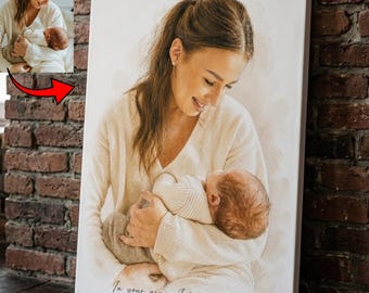 Erstes Muttertagsgeschenk, personalisierte Aquarell neue Mutter Porträt Leinwand, Muttertag / Vatertag Porträts Geschenke