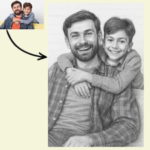 K&ouml;nnte beinhalten: Eine Schwarz-Wei&szlig;-Bleistiftzeichnung eines Vaters und Sohnes, die sich umarmen. Der Vater tr&auml;gt ein kariertes Hemd, und der Sohn hat die Arme um den Hals des Vaters gelegt. Beide l&auml;cheln. Das Portr&auml;t ist eine Nahaufnahme, die ihre Gesichtsausdr&uuml;cke und die Textur der Kleidung einf&auml;ngt.