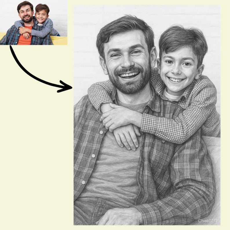 K&ouml;nnte beinhalten: Eine Schwarz-Wei&szlig;-Bleistiftzeichnung eines Vaters und Sohnes, die sich umarmen. Der Vater tr&auml;gt ein kariertes Hemd, und der Sohn hat die Arme um den Hals des Vaters gelegt. Beide l&auml;cheln. Das Portr&auml;t ist eine Nahaufnahme, die ihre Gesichtsausdr&uuml;cke und die Textur der Kleidung einf&auml;ngt.