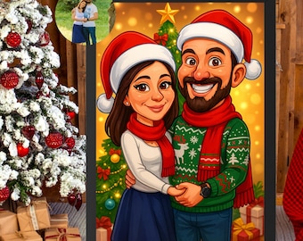 Familienkarikatur vom Foto - Weihnachtspaar-Karikatur-Porträt - personalisiertes digitales Geschenk Weihnachten, Weihnachtsfamilienkarikatur