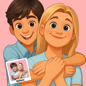 May include: Digital illustration of a smiling couple embracing, with the man behind the woman. The woman has long blonde hair and blue eyes. The man has brown hair and brown eyes. A small photo in the corner says "Before". The background is pink.