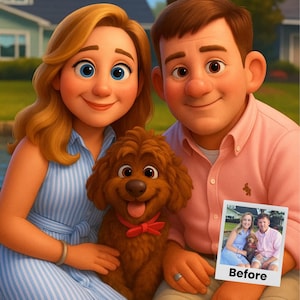 May include: A digitally rendered portrait of a couple and a dog, reminiscent of a cartoon. The woman wears a blue and white striped dress, and the man wears a pink shirt. A small photo with the word "Before" is held in the man's hand.
