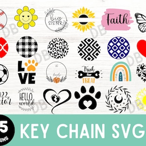 Pode incluir: Uma coleção de 25 designs SVG para chaveiros. Os designs incluem uma bola de beisebol, um girassol, a palavra "Faith", uma borboleta, uma bola de futebol, a palavra "LOVE", uma pegada e um arco-íris.