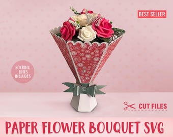 Bouquet de fleurs en papier 3D SVG, vase de roses roulé (fichiers de coupe, modèle Cricut) Saint-Valentin, fête des mères, fichiers coupés en téléchargement immédiat.
