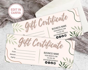 Gift Certificate Template, Boho Editable Gift Card, Editable Voucher, Business Template, Modern Gift Certificate, Printable Gift Card