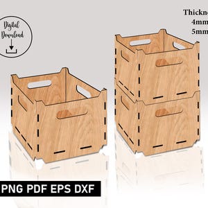 Op de afbeelding: Lichte bruine houten opbergkratten met handgreepuitsparingen, gestapeld en naast elkaar. De houtnerf is zichtbaar. Tekst op de afbeelding luidt "Digital Download" en "SVG PNG PDF EPS DXF". De dikte is 4 mm en 5 mm.