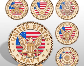 May include: A collection of six circular wooden plaques featuring the United States flag and emblems for the Registered Nurse, Air Force, Army, Navy, and Coast Guard. Each plaque has a rope-textured border and engraved text identifying the branch.