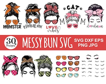 Paquete de moño desordenado Svg, vida de mamá Svg, mamá e hija Svg, mamá calavera Svg, mamá y niño Png, gafas Svg, diseño de camiseta Messy Bun Svg, Cricut.