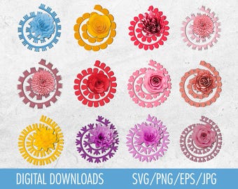 May include: A collection of twelve colorful paper flower designs in a variety of colors, including blue, yellow, red, pink, and purple. Each flower is set within a decorative spiral frame. The words "DIGITAL DOWNLOADS" and "SVG/PNG/EPS/JPG" are displayed at the bottom.
